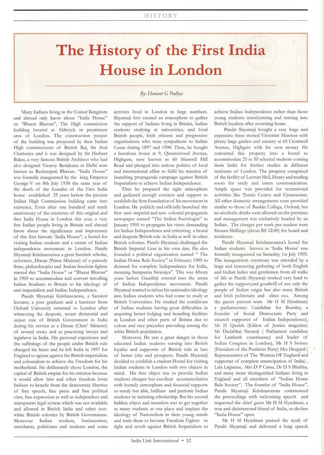 INDIA HOUSE ARTICLE IN INDIALINK INTERNATIONAL